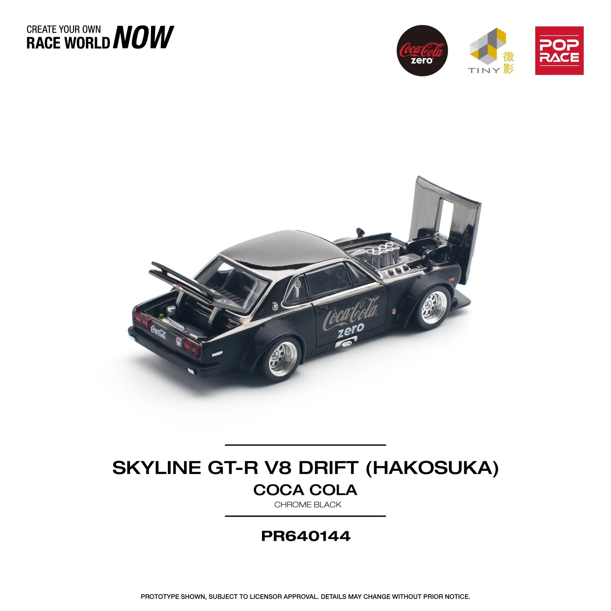 Angled view of V8 Drift Nissan Hakosuka GT-R in Coca-Cola design with open hood unboxed