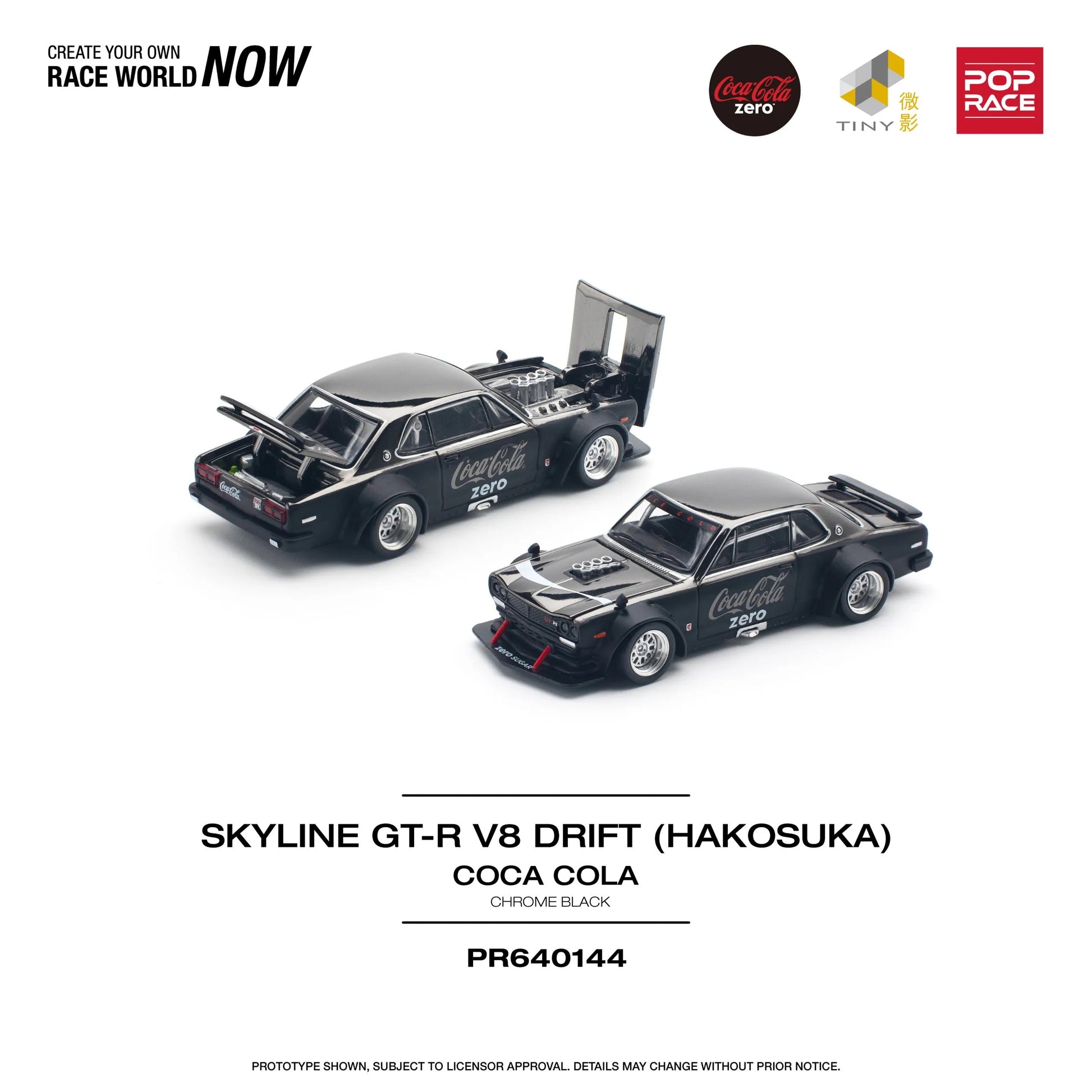 Front and back view of Nissan Skyline GT-R V8 Drift Hakosuka in Coca-Cola livery by Pop Race x TINY unboxed
