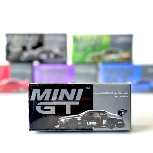 Front view of boxed Nissan Skyline LB-ER34 Super Silhouette diecast model by Mini GT