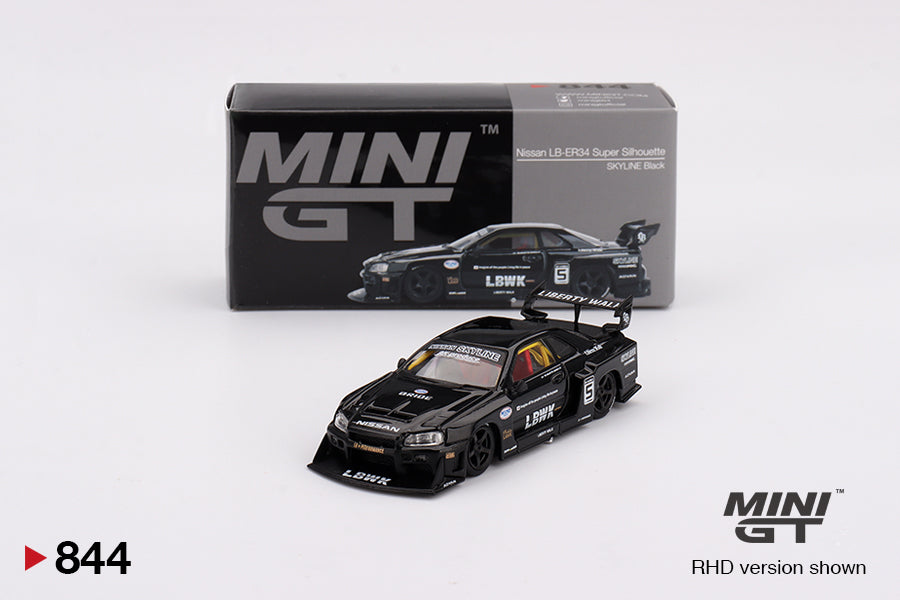 Front view of Nissan LB-ER34 Super Silhouette Skyline Black RHD 1:64 diecast by Mini GT
