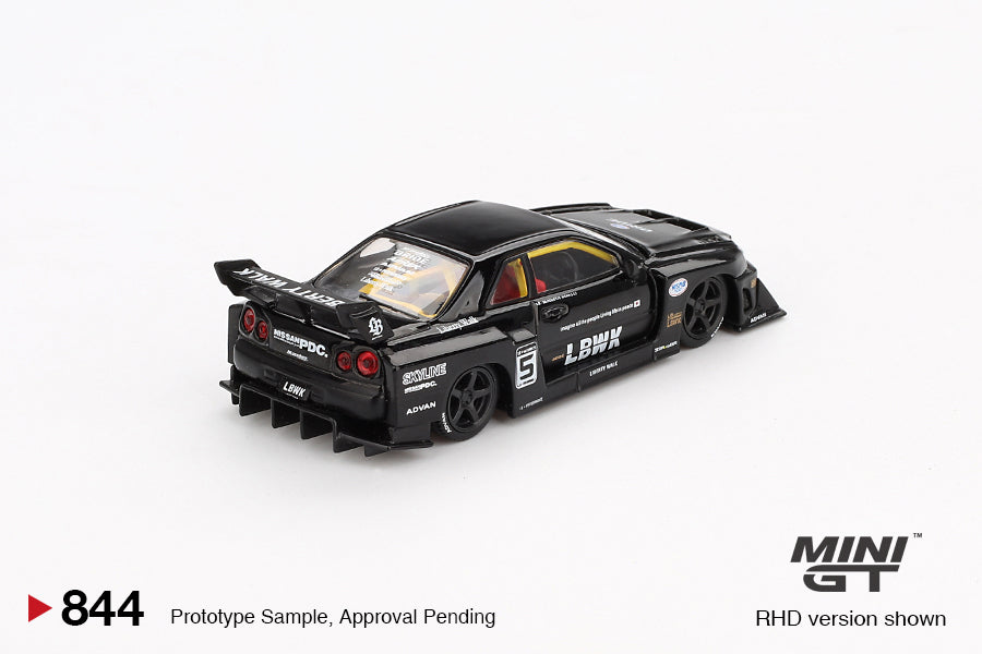 Rear view of Mini GT Nissan Skyline LB-ER34 Black Super Silhouette model
