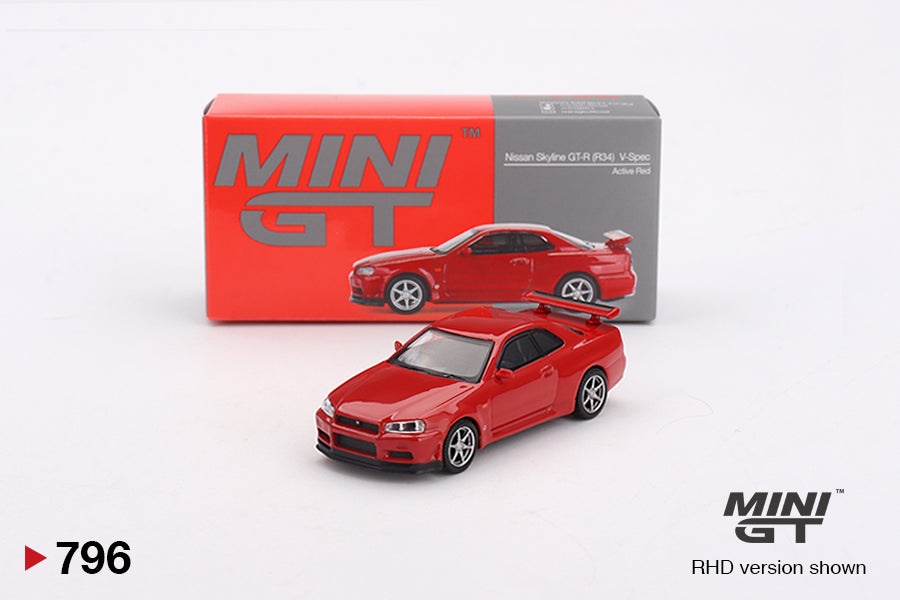 Front view of Nissan GT-R R34 V-Spec Active Red RHD 1:64 diecast model by Mini GT