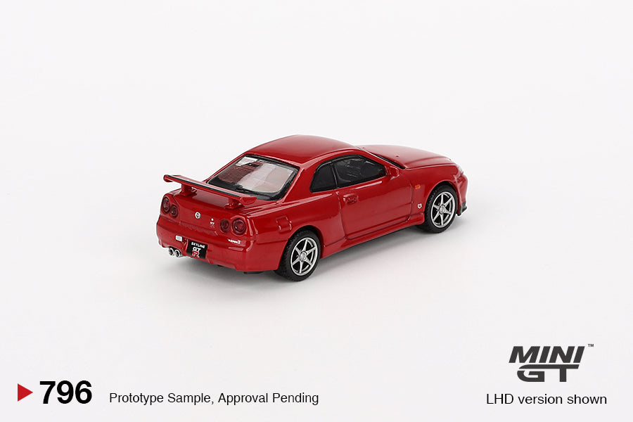 Rear angle of Nissan Skyline GT-R R34 V-Spec Active Red diecast by Mini GT
