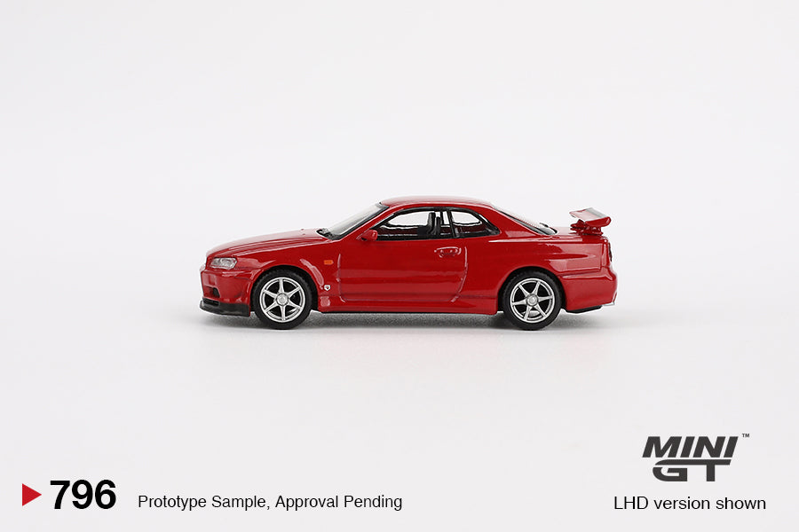 Side profile of Mini GT R34 GT-R V-Spec in Active Red 1:64 scale