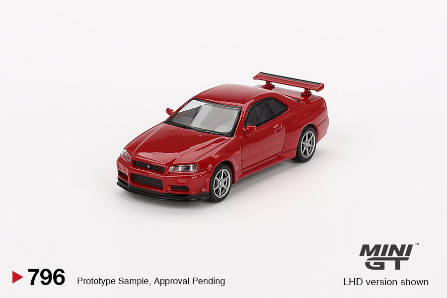 Top view of Nissan Skyline GT-R R34 diecast in Active Red by Mini GT
