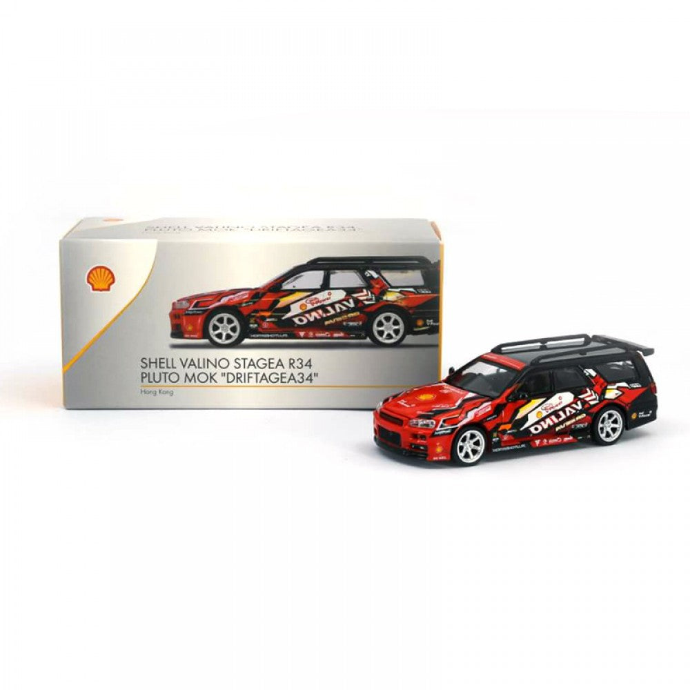 Boxed front view of Nissan Stagea R34 Driftagea 34 diecast by Pop Race