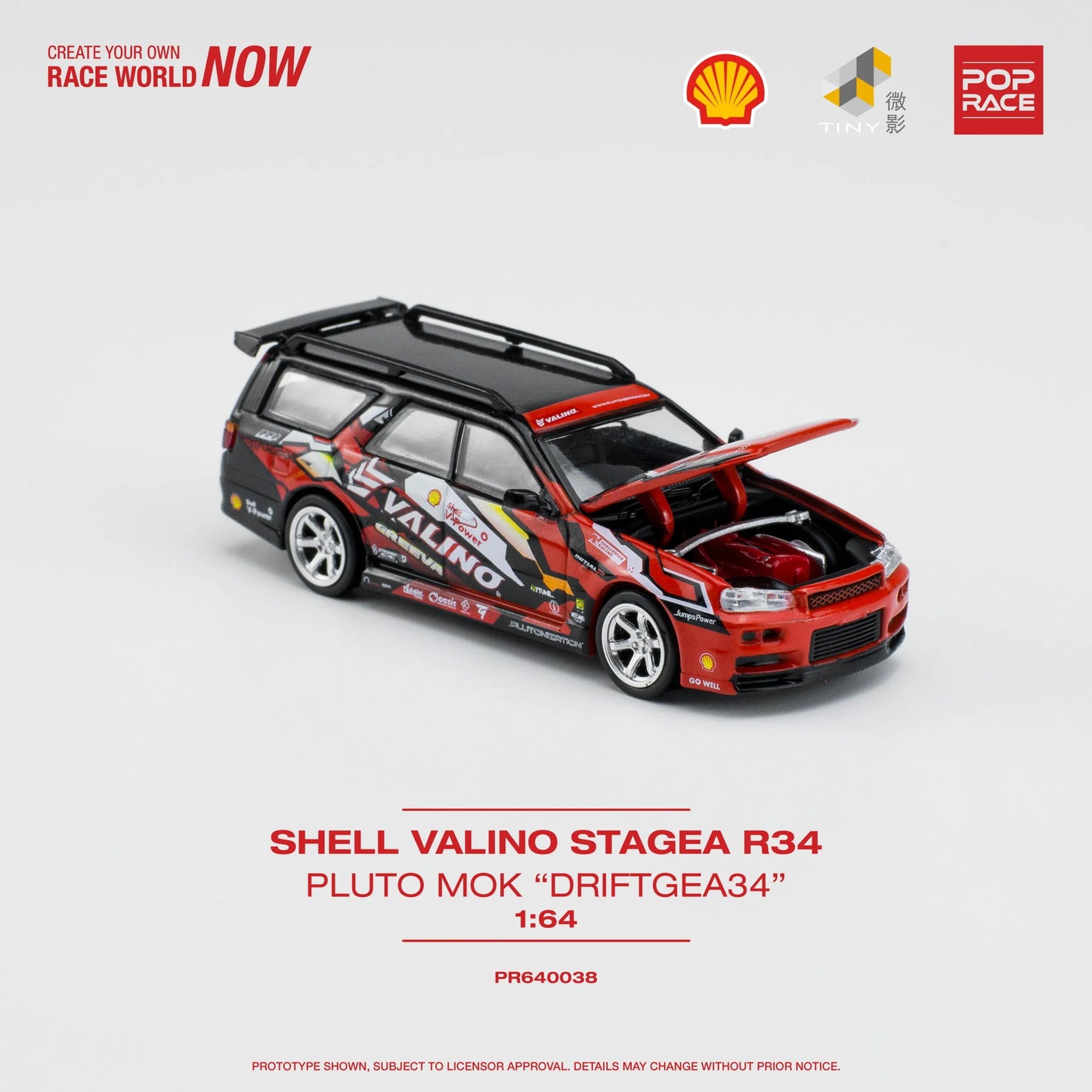 Front view of unboxed Nissan Stagea R34 GT-R hybrid drift model with hood opened