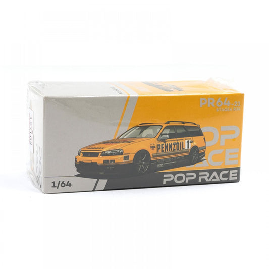 Front view of boxed Nissan Stagea R34 diecast in Pennzoil livery by Pop Race