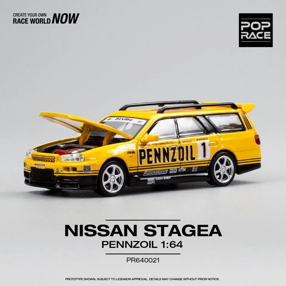 Front view of unboxed Stagea R34 model with Pennzoil race graphics