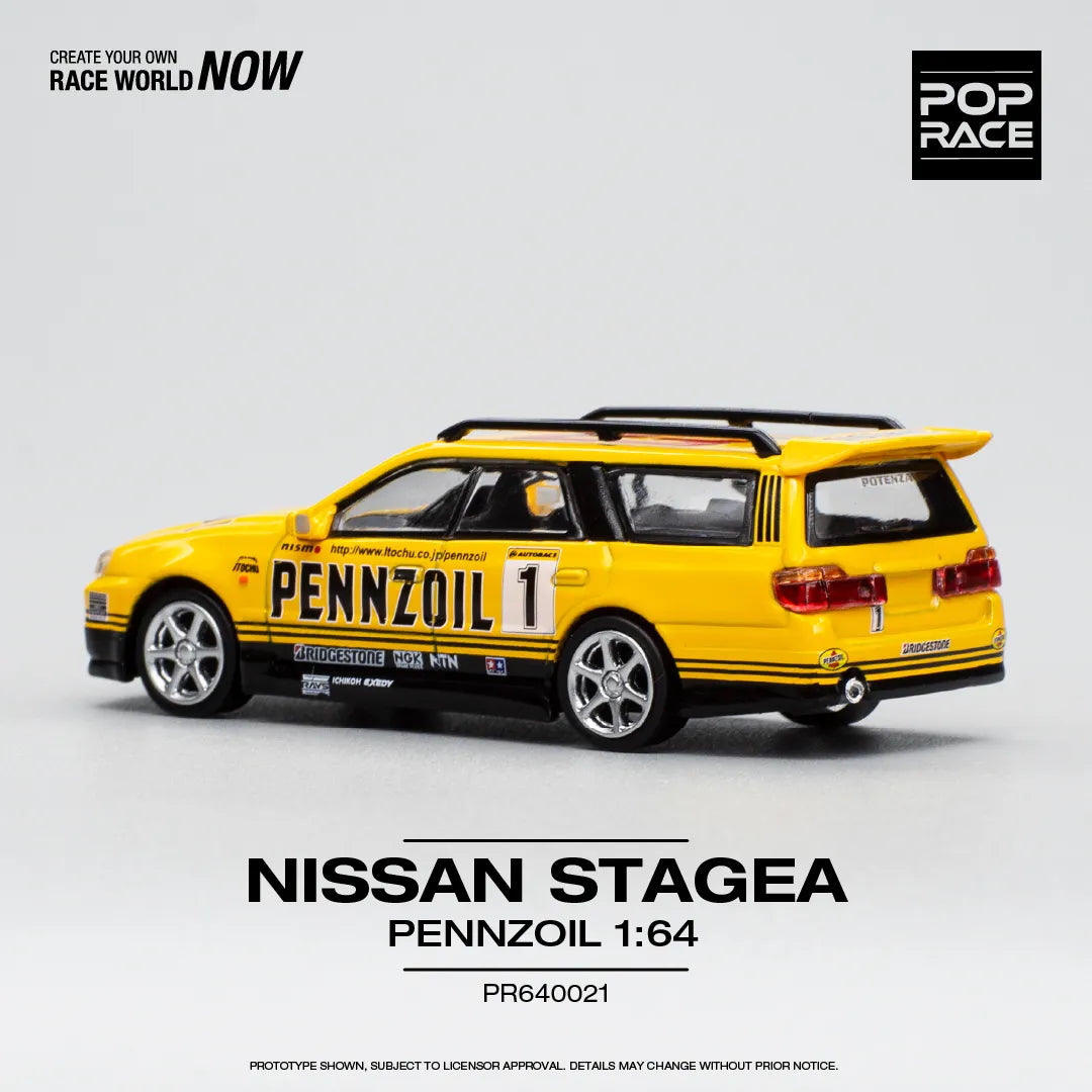 Side profile of unboxed Nissan Stagea R34 diecast in Pennzoil livery
