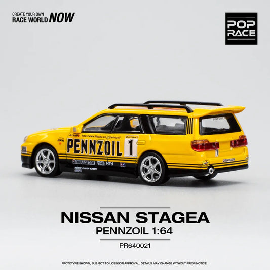 Side profile of unboxed Nissan Stagea R34 diecast in Pennzoil livery