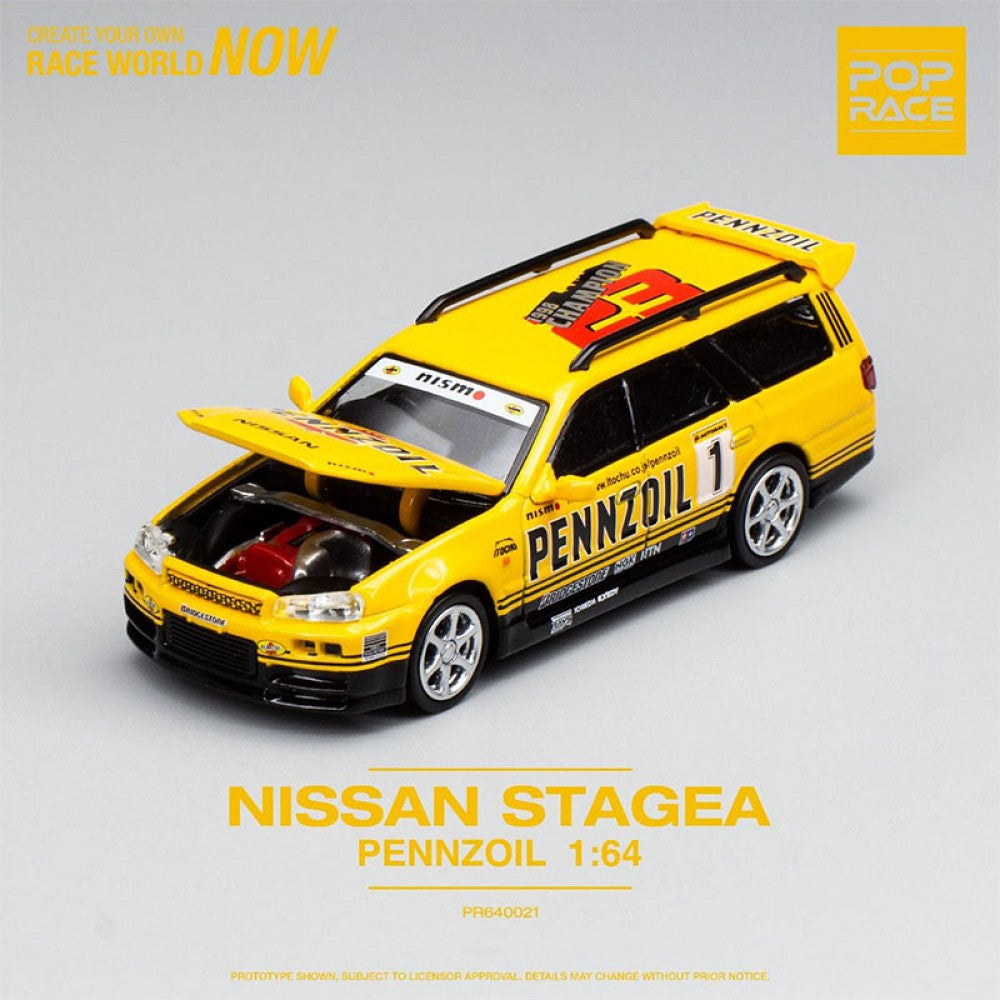 Top-down view of Pennzoil-themed Nissan Stagea R34 1:64 diecast