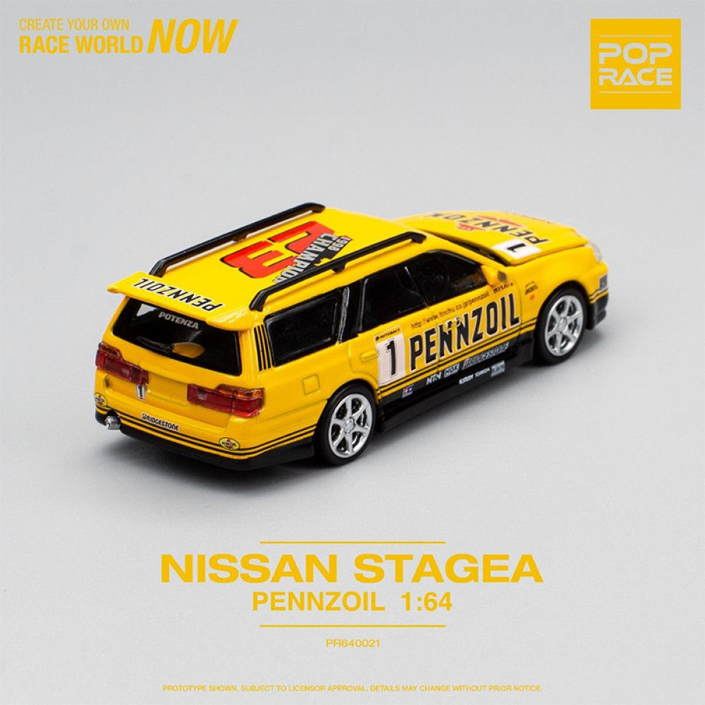 Top-down view of Pennzoil-themed Nissan Stagea R34 1:64 diecast
