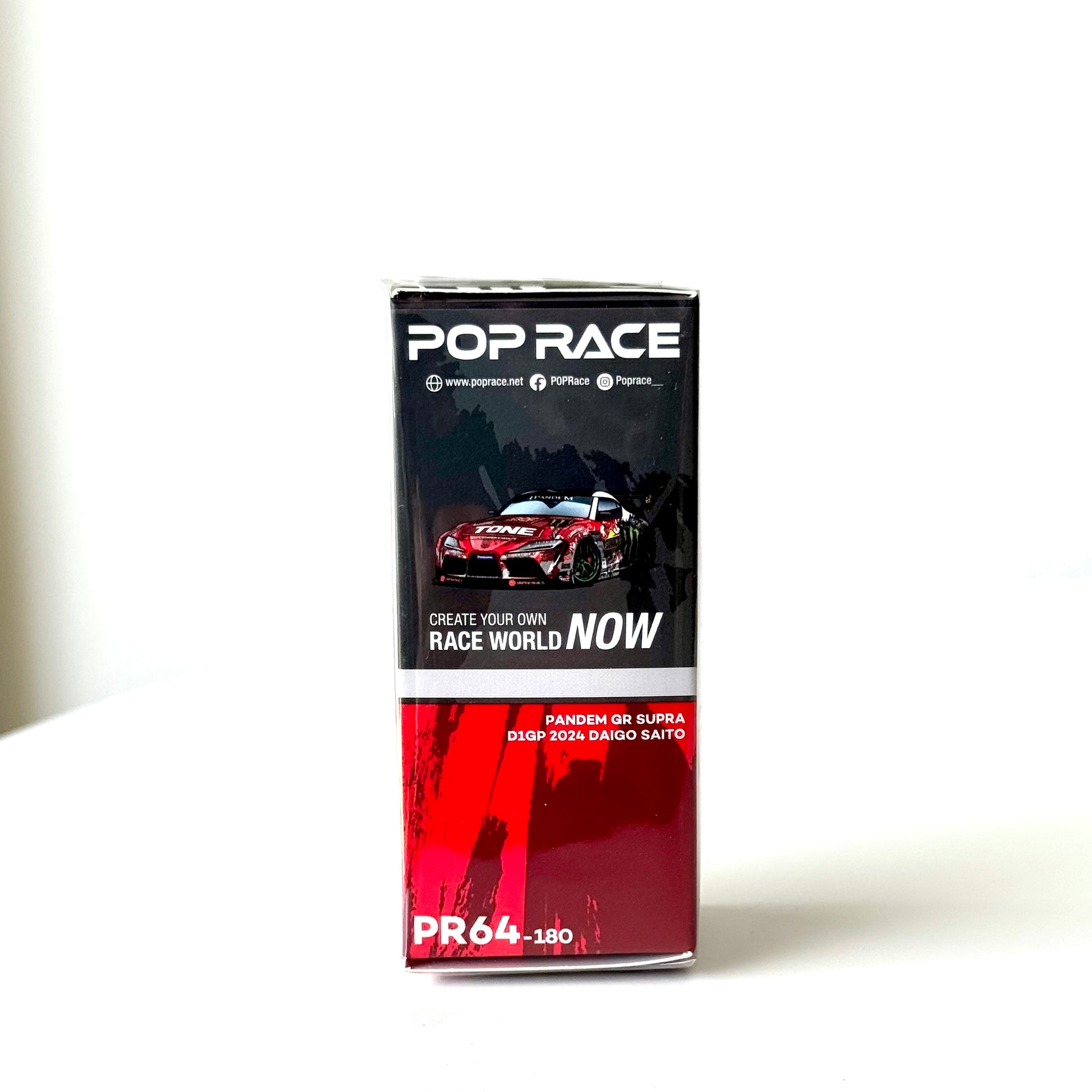 Side view of packaging for Pop Race Toyota GR Supra Pandem diecast