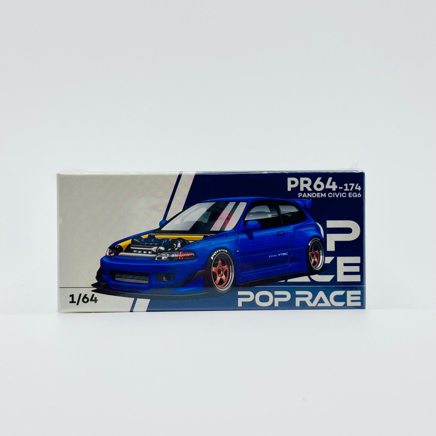 Front boxed view of Pop Race Pandem Honda Civic EG6 Metallic Blue 1:64 diecast model