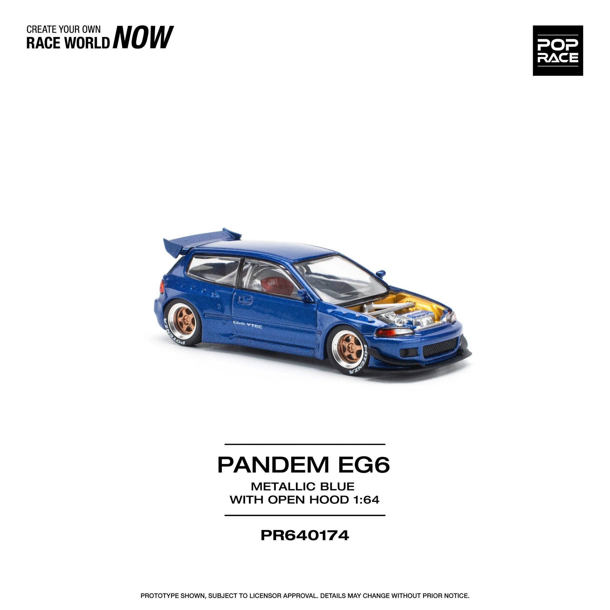Front angled view of Pop Race Pandem Honda Civic EG6 Metallic Blue diecast model