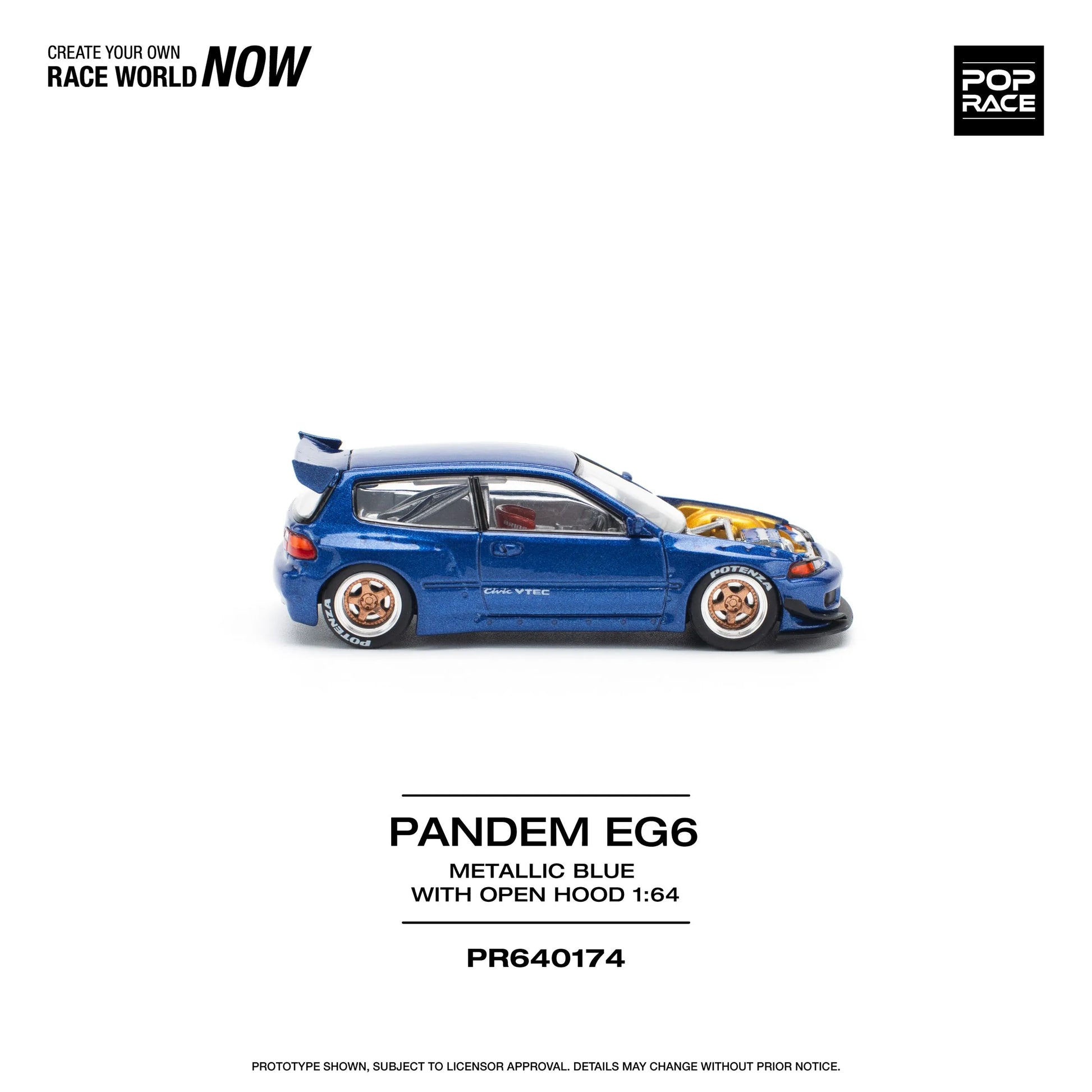 Side profile of Pop Race Pandem Honda Civic EG6 Metallic Blue 1:64 model car