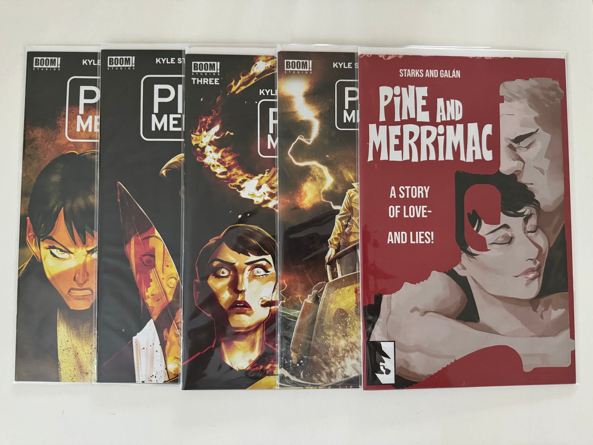 Complete Pine & Merrimac comic book series from 2024, showing issues #1 through #5 displayed side by side.