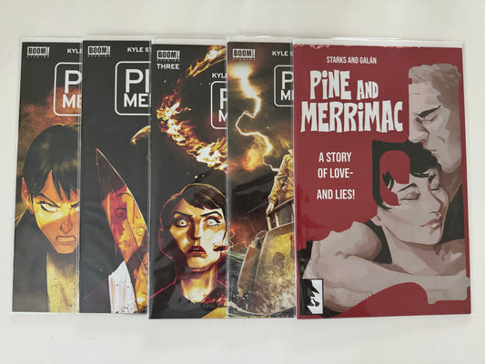 Complete Pine & Merrimac comic book series from 2024, showing issues #1 through #5 displayed side by side.