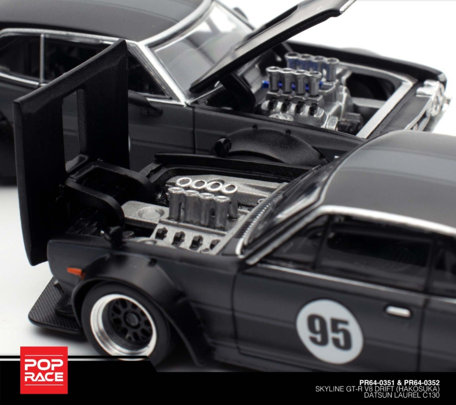 Close-up of engine bay details on Pop Race Skyline GT-R Hakosuka and Datsun Laurel diecast cars with hoods open.
