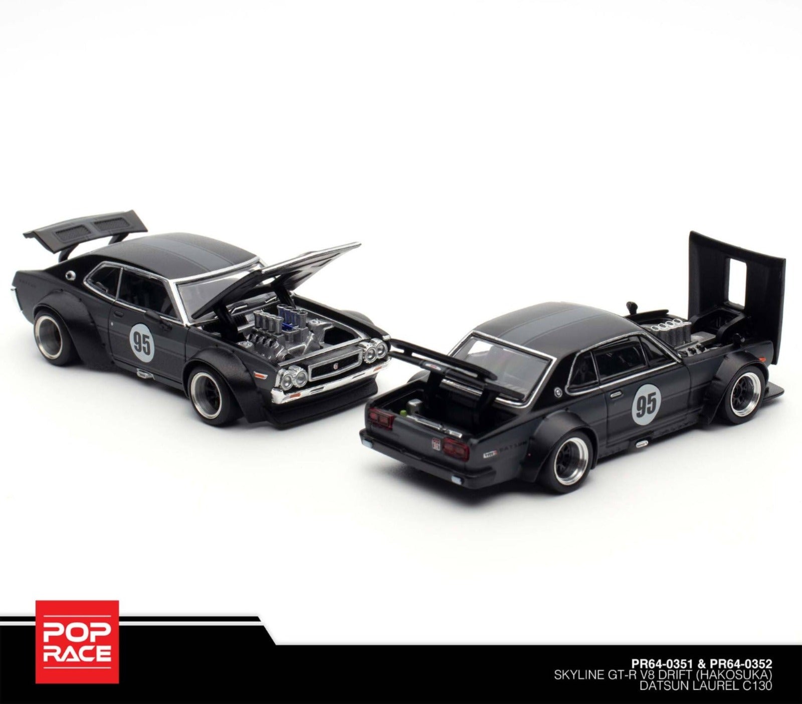 Pop Race 1:64 Hakosuka and Laurel C130 diecast cars with hoods opened – detailed engine display from Toycar Salon 2025 set.