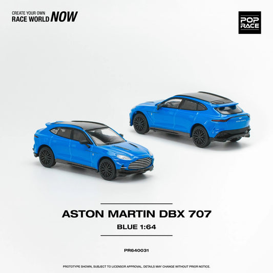 Front and back view of Aston Martin DBX 707 Blue 1:64 diecast model cars by Pop Race