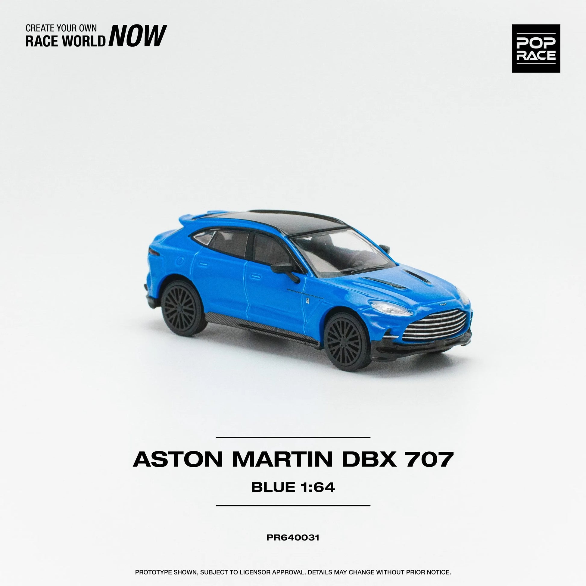 Front view of Aston Martin DBX 707 Blue 1:64 diecast model car by Pop Race