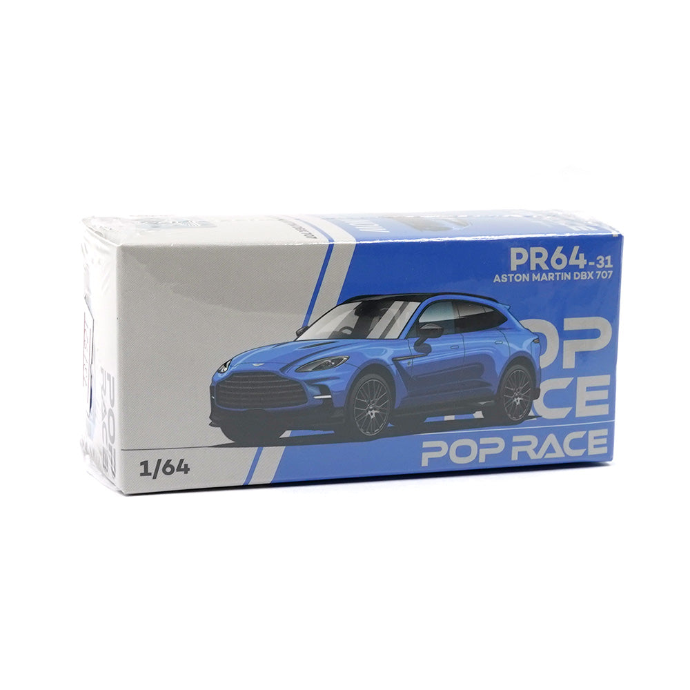 Front view of Aston Martin DBX 707 Blue 1:64 diecast model car by Pop Race