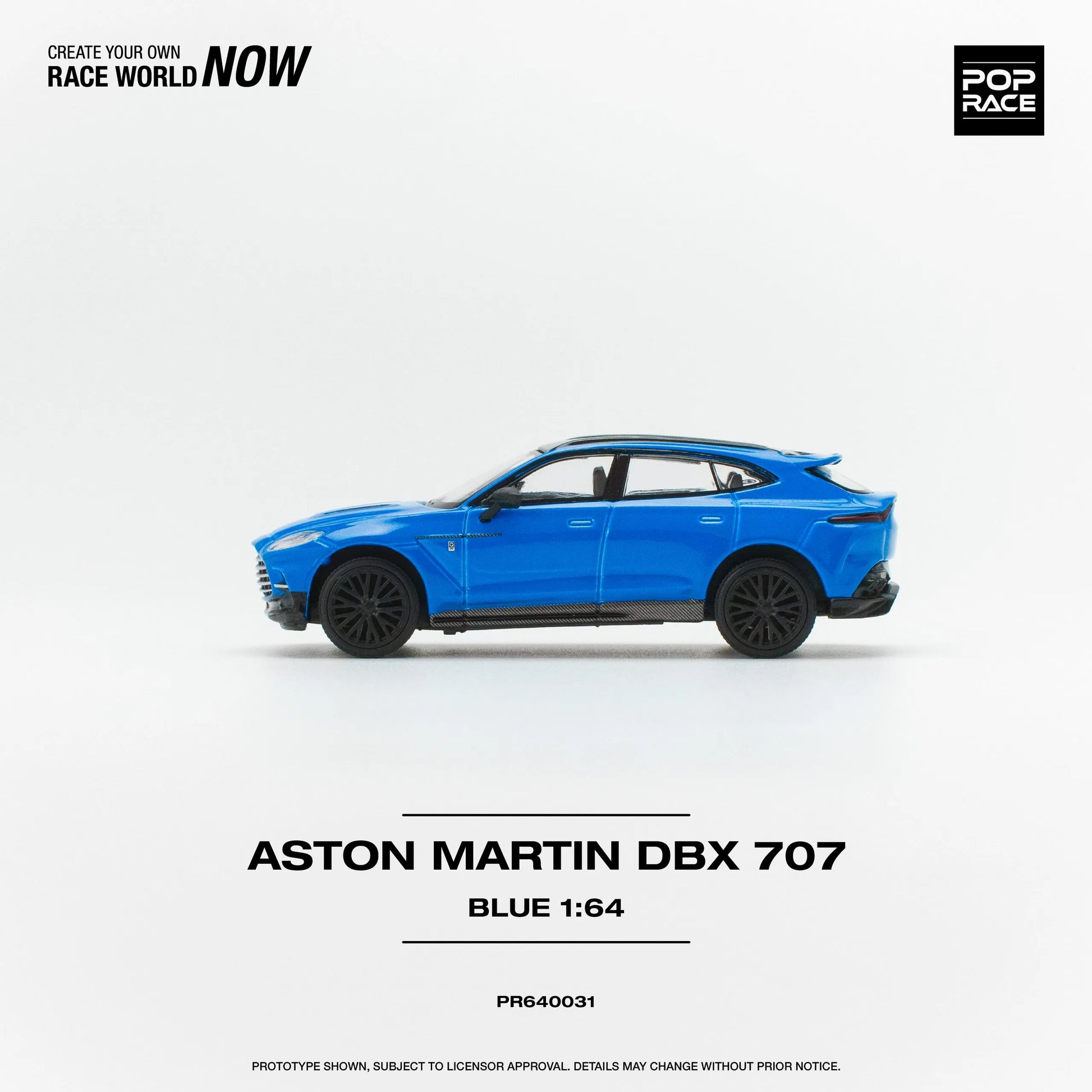 Side profile of Pop Race Aston Martin DBX 707 Blue 1:64 scale diecast SUV