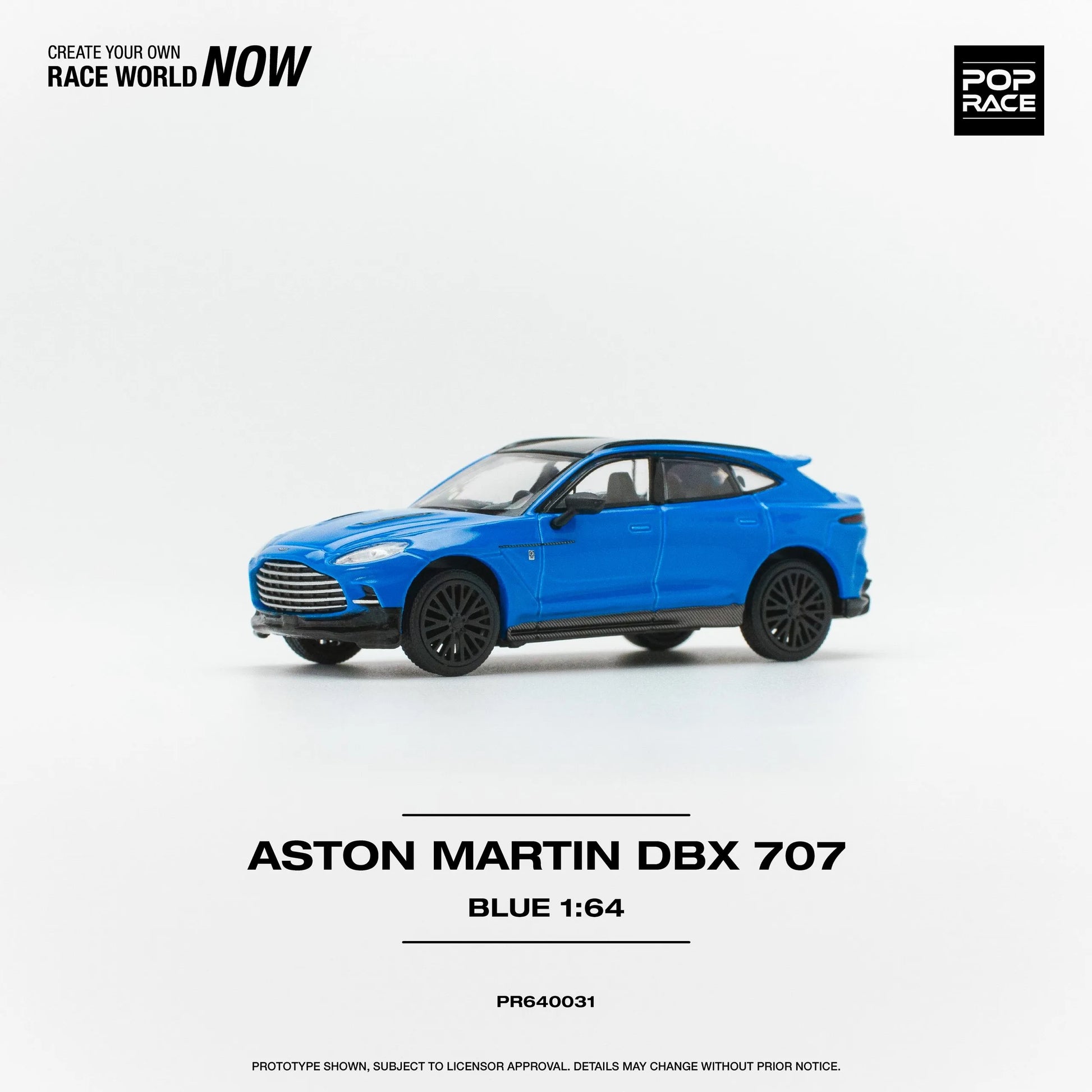 Side profile of Pop Race Aston Martin DBX 707 Blue 1:64 scale diecast SUV