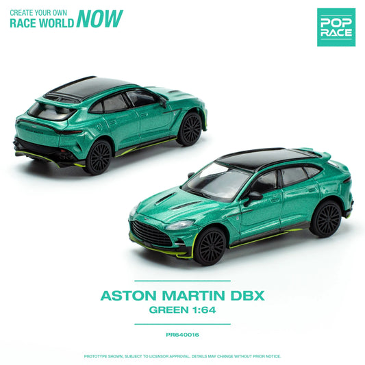 Side profile of 2 Pop Race Aston Martin DBX Racing Green 1:64 diecast SUV models