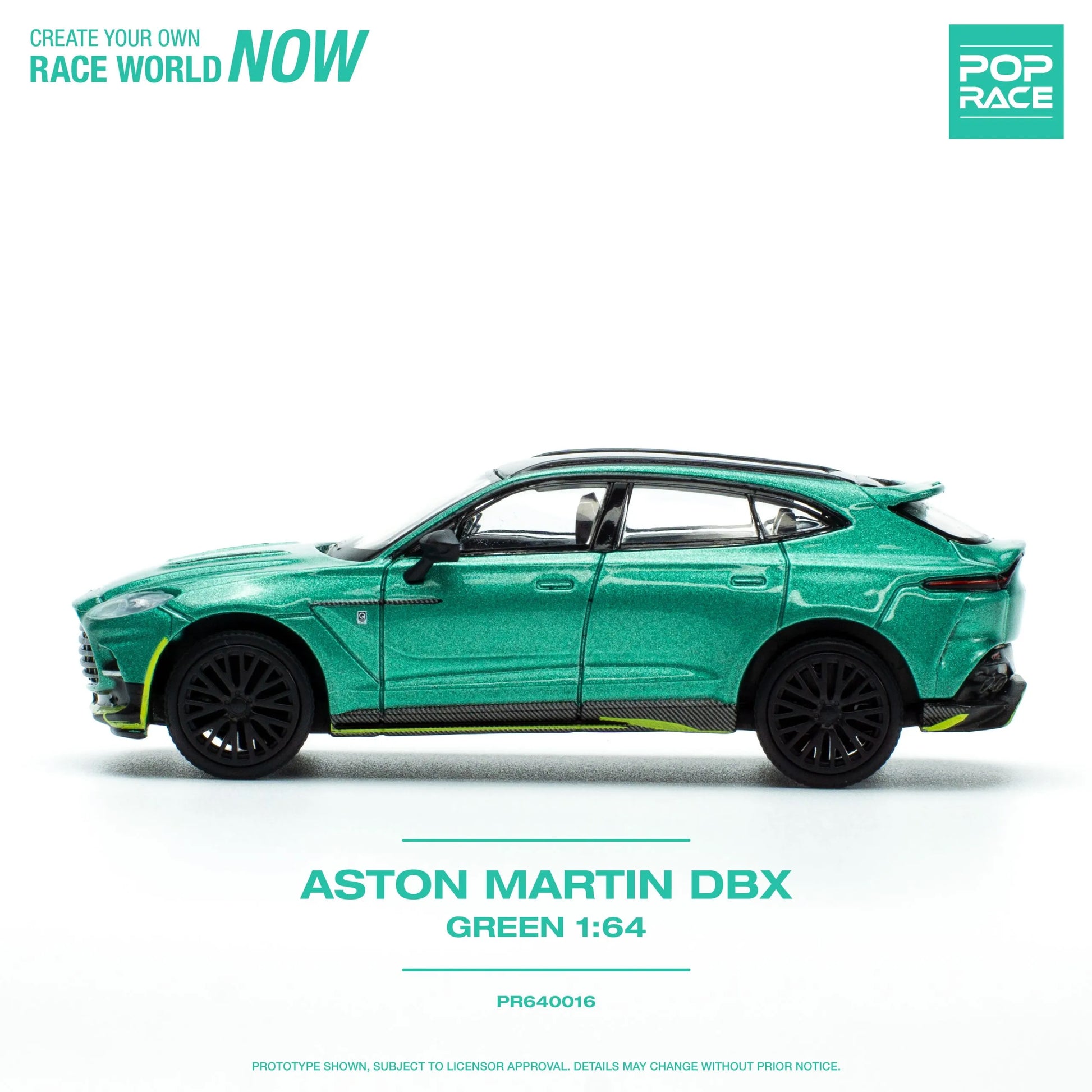 Side profile of Pop Race Aston Martin DBX Racing Green 1:64 diecast SUV model