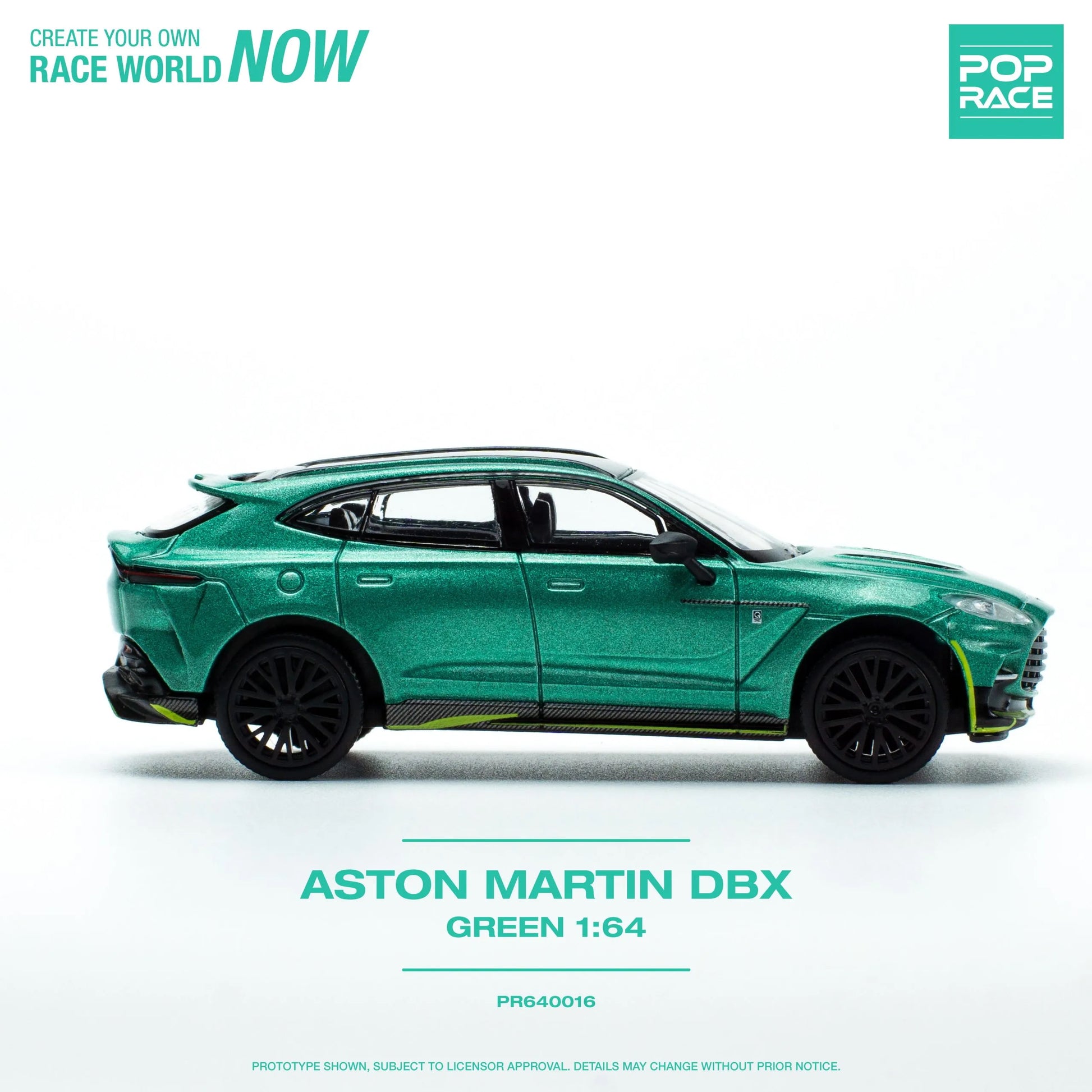 Side profile of Pop Race Aston Martin DBX Racing Green 1:64 diecast SUV model