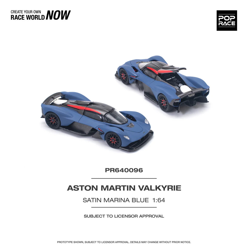 Front and back view of Aston Martin Valkyrie Satin Marina Blue 1:64 diecast models by Pop Race