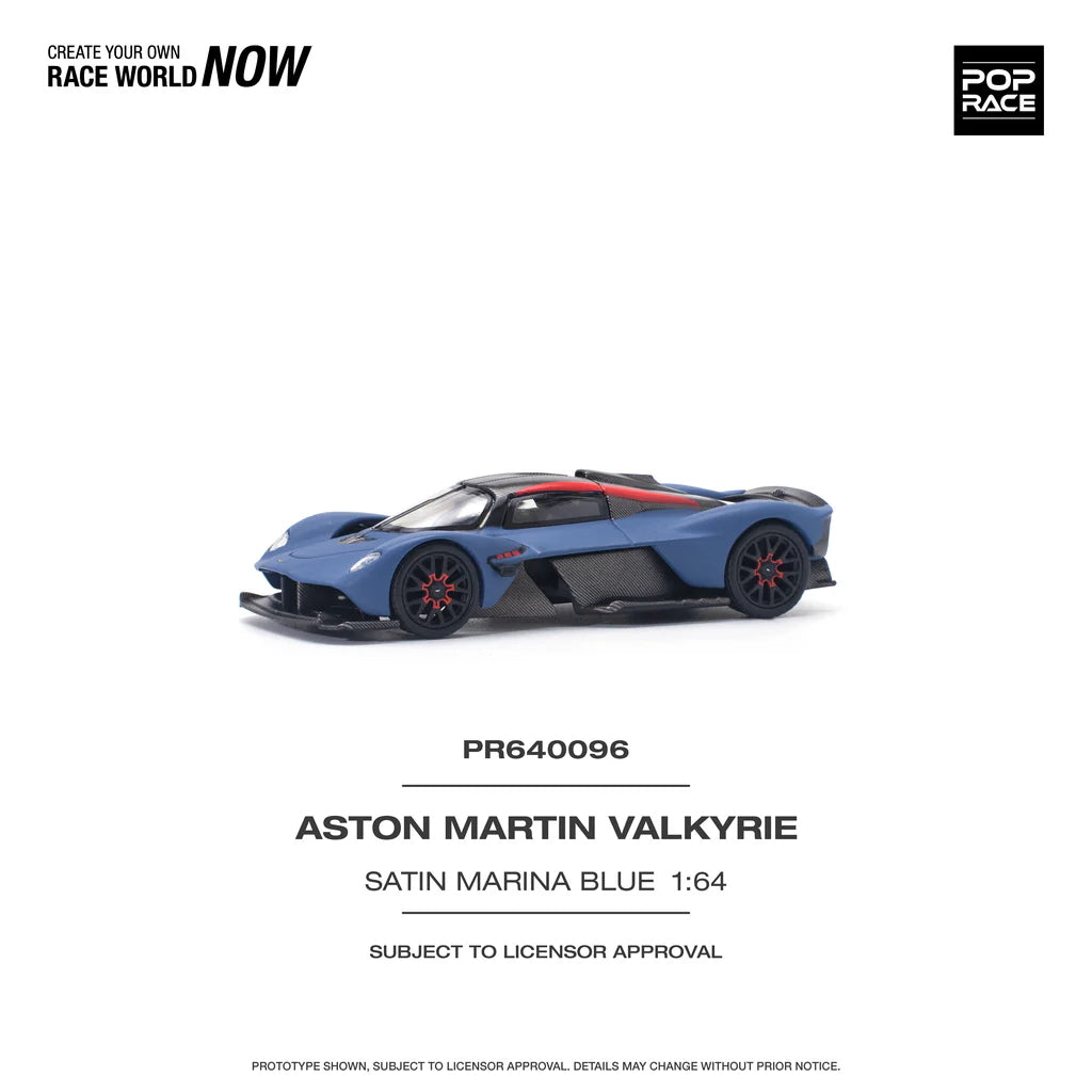 Side profile of Pop Race Aston Martin Valkyrie Satin Marina Blue 1:64 diecast car