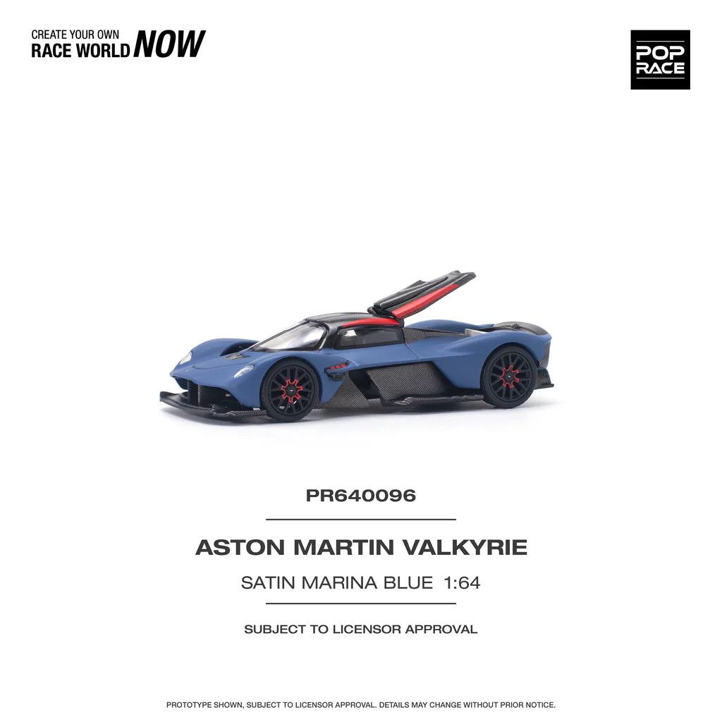 Side profile of Pop Race Aston Martin Valkyrie Satin Marina Blue 1:64 diecast car