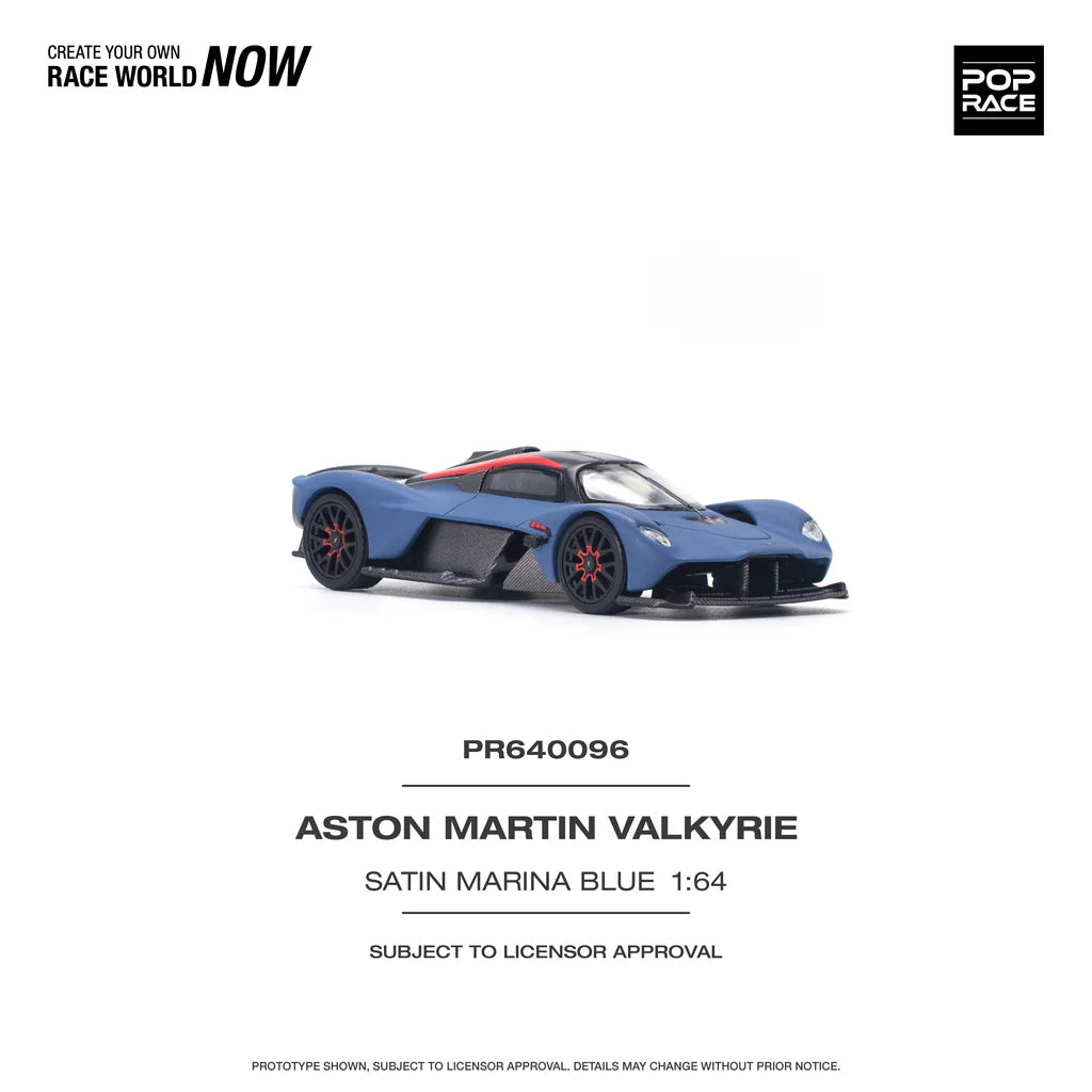 Side profile of Pop Race Aston Martin Valkyrie Satin Marina Blue 1:64 diecast car