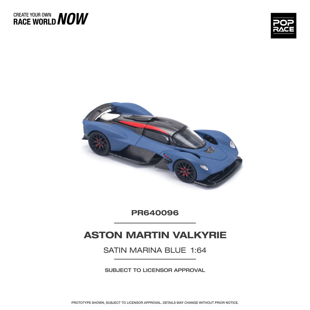 Side profile of Pop Race Aston Martin Valkyrie Satin Marina Blue 1:64 diecast car