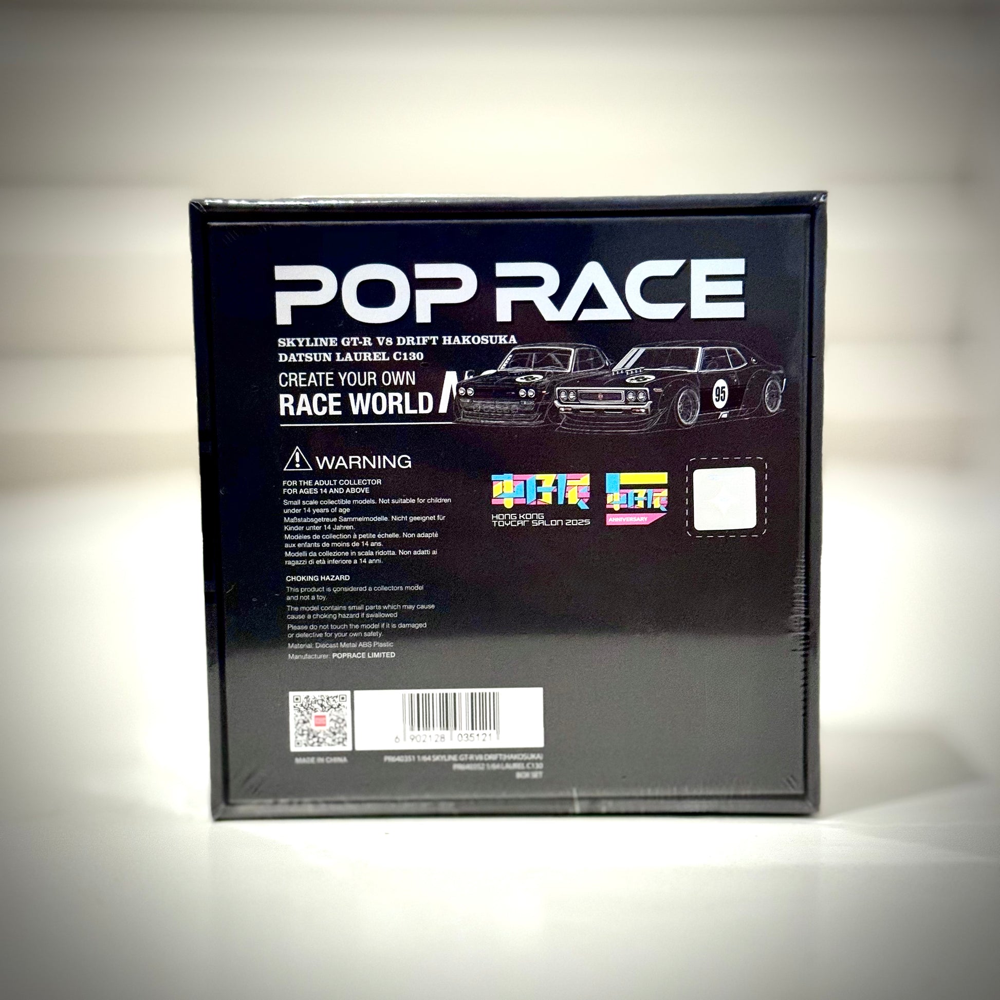 Back of the Pop Race limited edition 2-car box set – Skyline GT-R Hakosuka & Laurel C130 from HK Toycar Salon 2025.