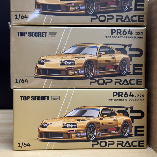 Side profile of Pop Race GT300 Supra model car in 1:64 scale