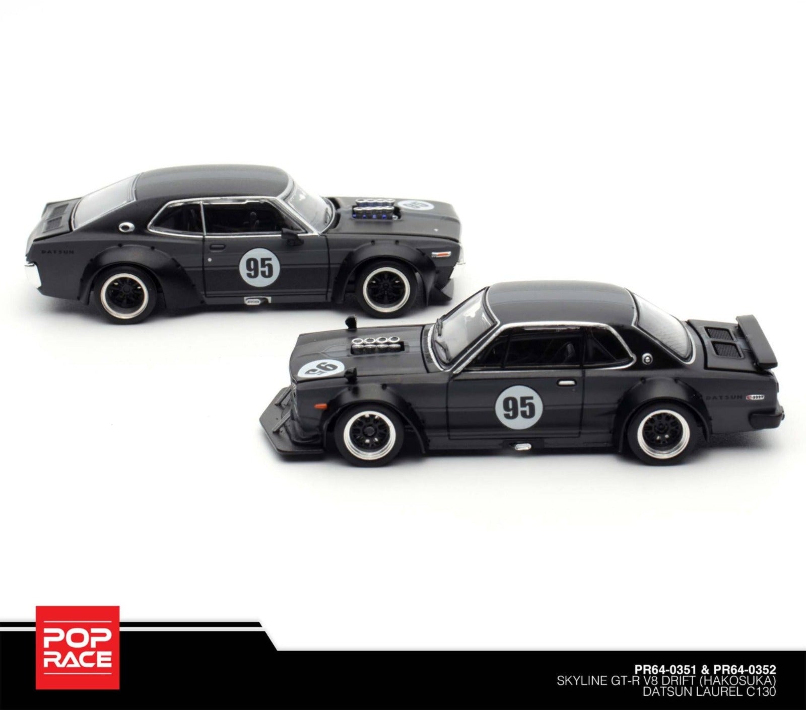 Unboxed Pop Race Skyline GT-R Hakosuka and Datsun Laurel C130 1:64 diecast cars displayed side by side.