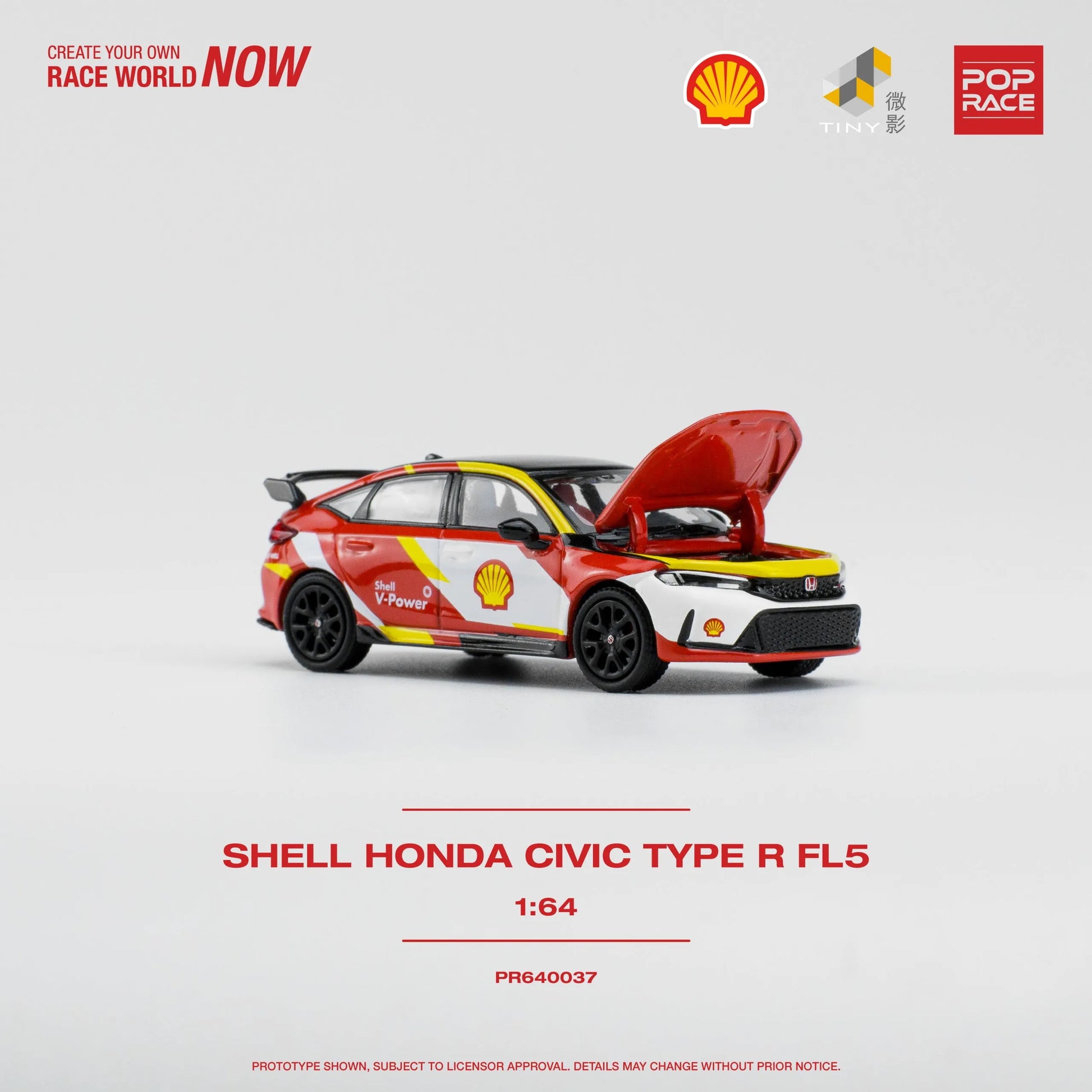 Pop Race Honda Civic Type R FL5 1:64 model – Front view with hood open showing engine detail