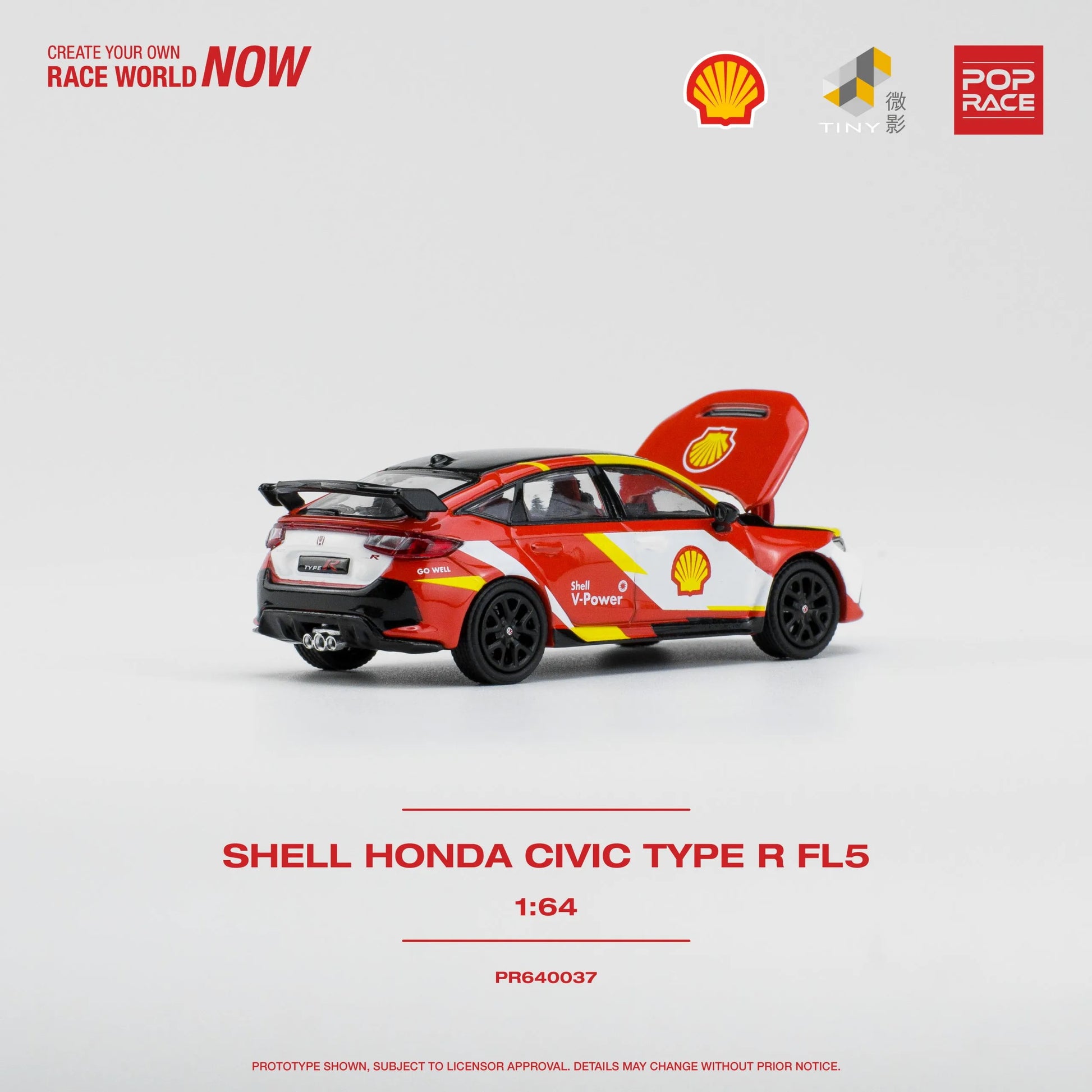 Pop Race Civic Type R FL5 1:64 diecast – Side profile view showing aerodynamic lines and open hood