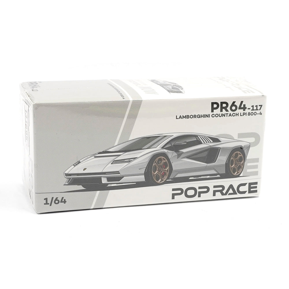 Front view of Lamborghini Countach LPI 800-4 Bianco 1:64 diecast model car by Pop Race boxed