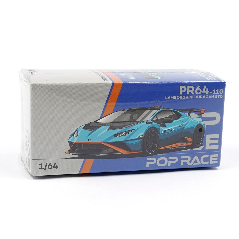 Front view of Pop Race Lamborghini Huracan STO 1:64 diecast model in standard box