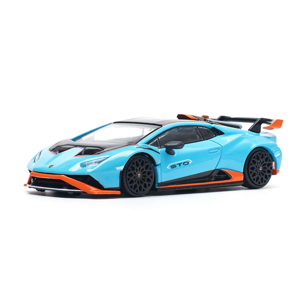 Side angle of boxed Lamborghini Huracan STO 1:64 scale diecast car Pop Race unboxed