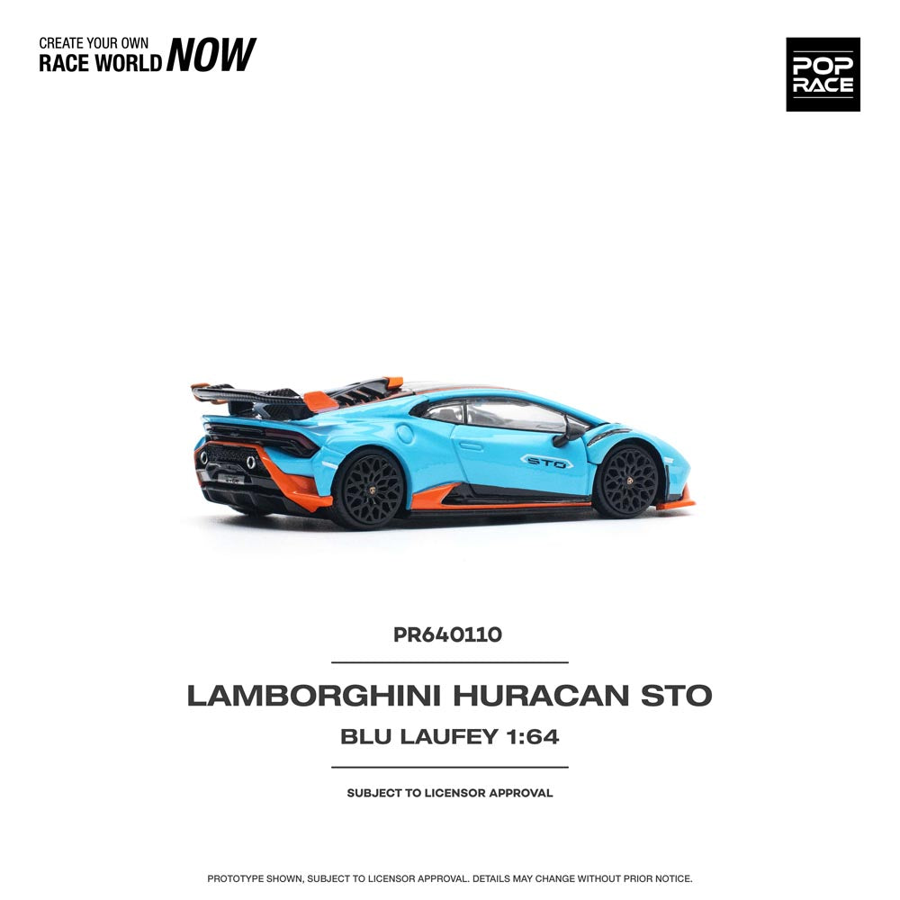 Side angle of boxed Lamborghini Huracan STO 1:64 scale diecast car Pop Race unboxed