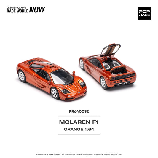 Front and back view of Pop Race McLaren F1 Orange 1:64 diecast model cars