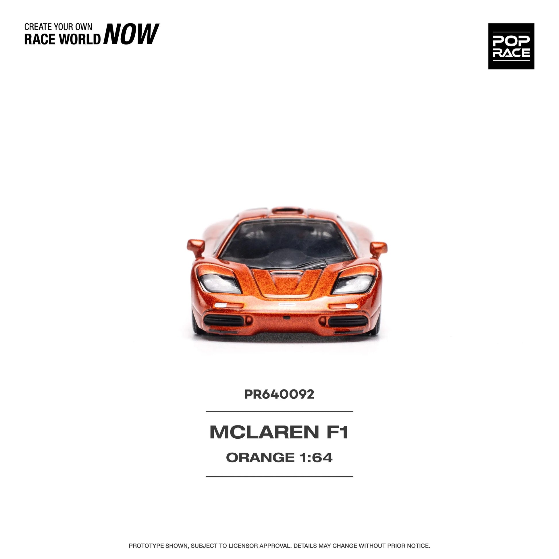 Front view of Pop Race McLaren F1 Orange 1:64 diecast model car