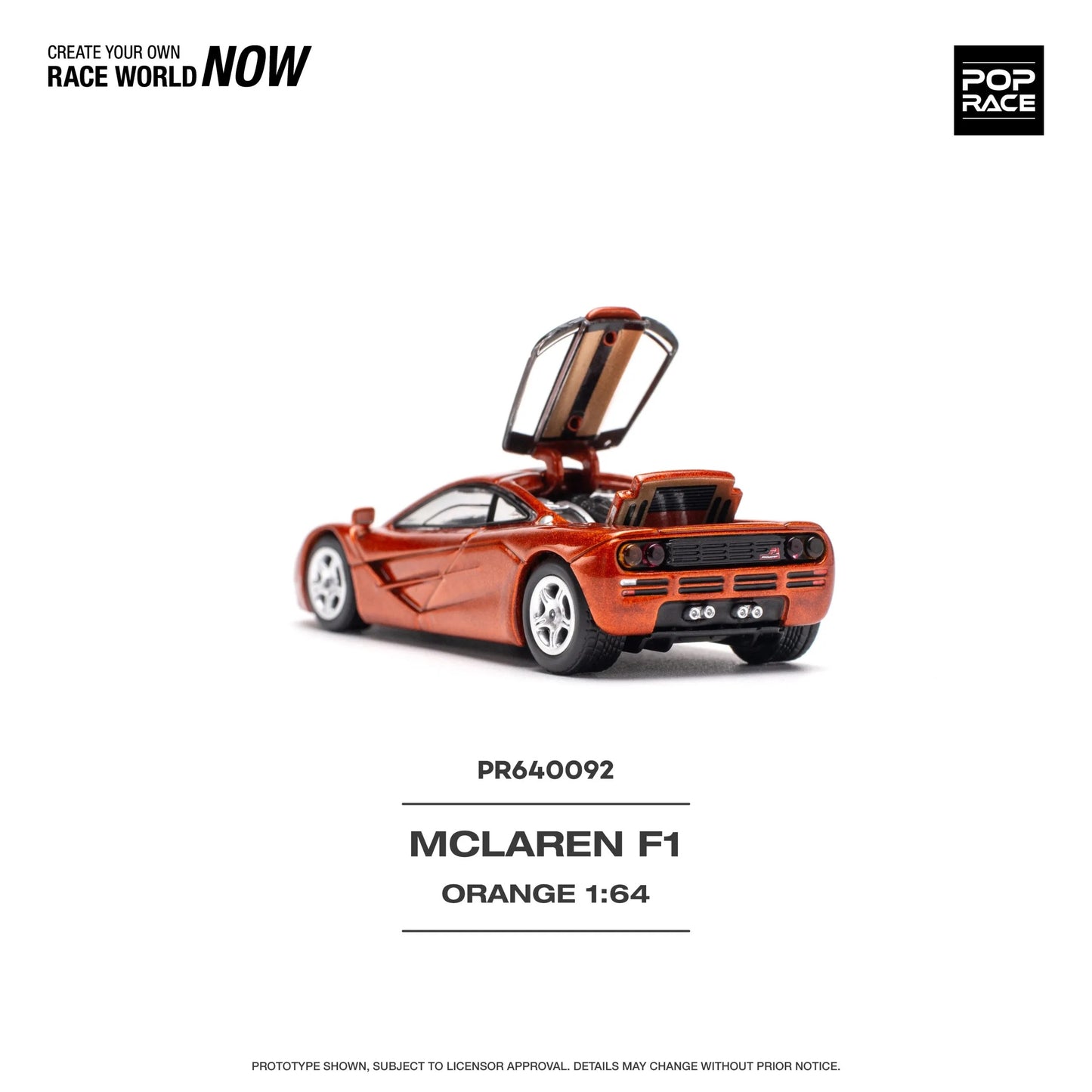 Rear view of Pop Race McLaren F1 1:64 diecast car in orange finish